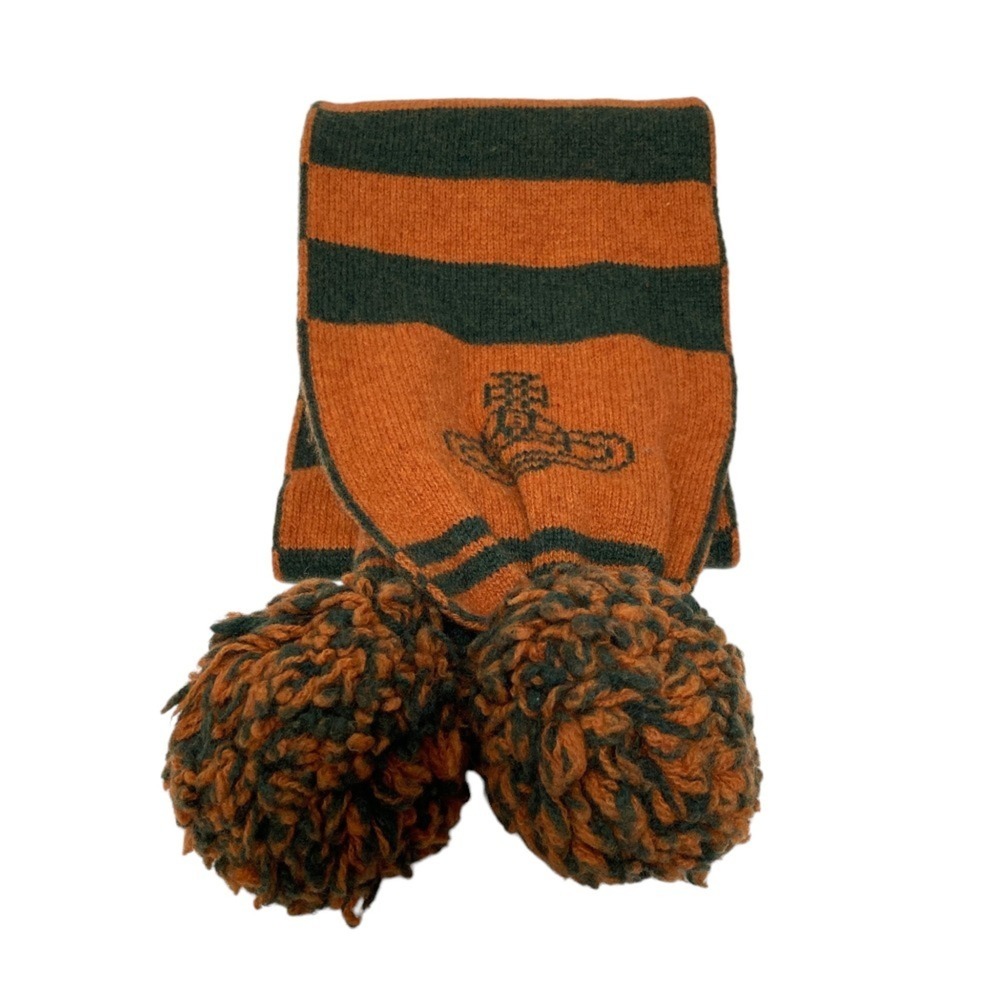 Vivienne Westwood striped scarf with pom-poms, orange and khaki, for men women.